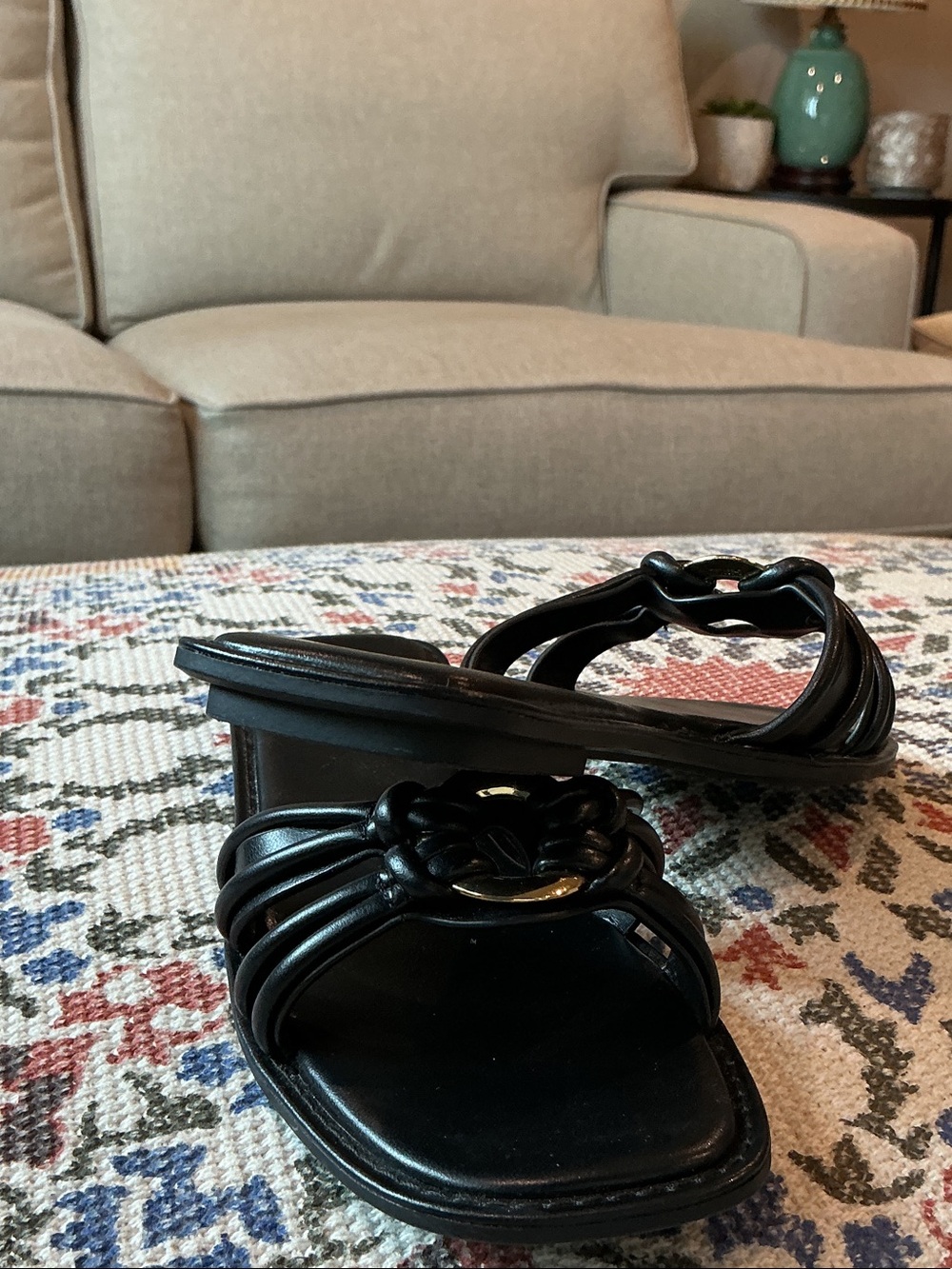 Zara Black Leather Knot Slide Sandals with Gold Ring - Picture 5 of 5